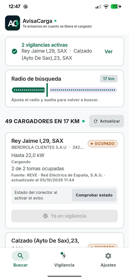 Búsqueda de cargadores por radio con el estado de cada uno
