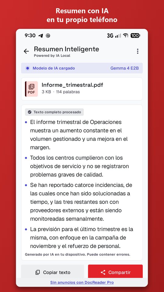 Pantalla de resumen con IA